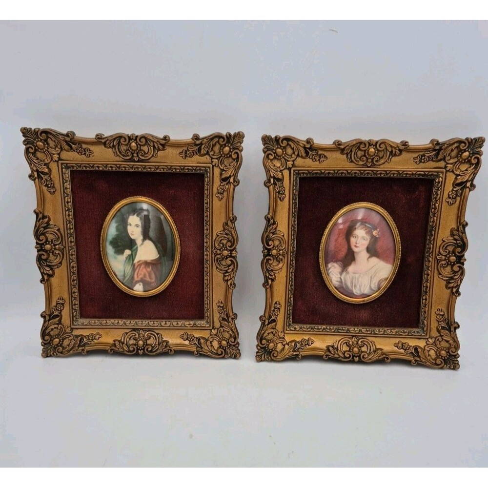 Vintage Pair/Cameo Miniature Portraits Ornate Bubble Gold Frames Lady Hamilton